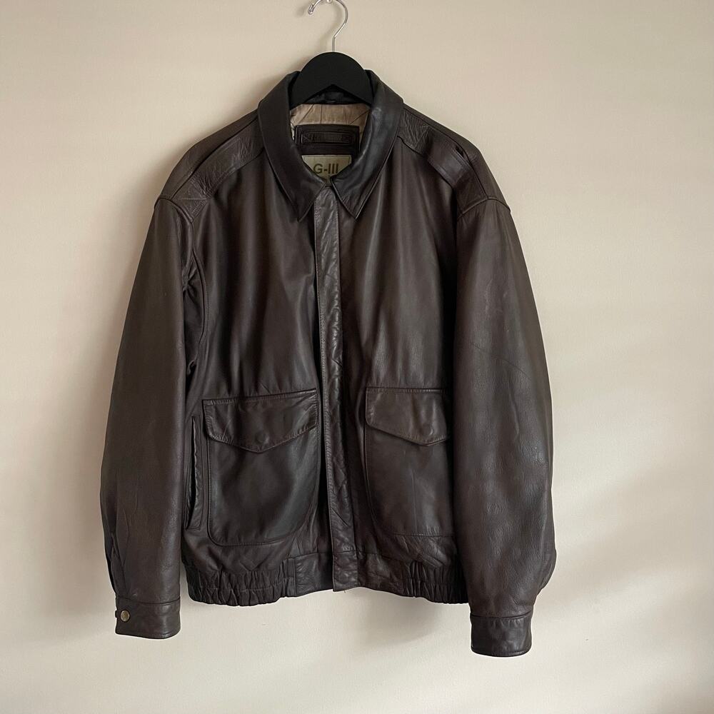 G-III G3 Leather Bomber Jacket Mens L Brown Map Lined Y2K Flight Aviator